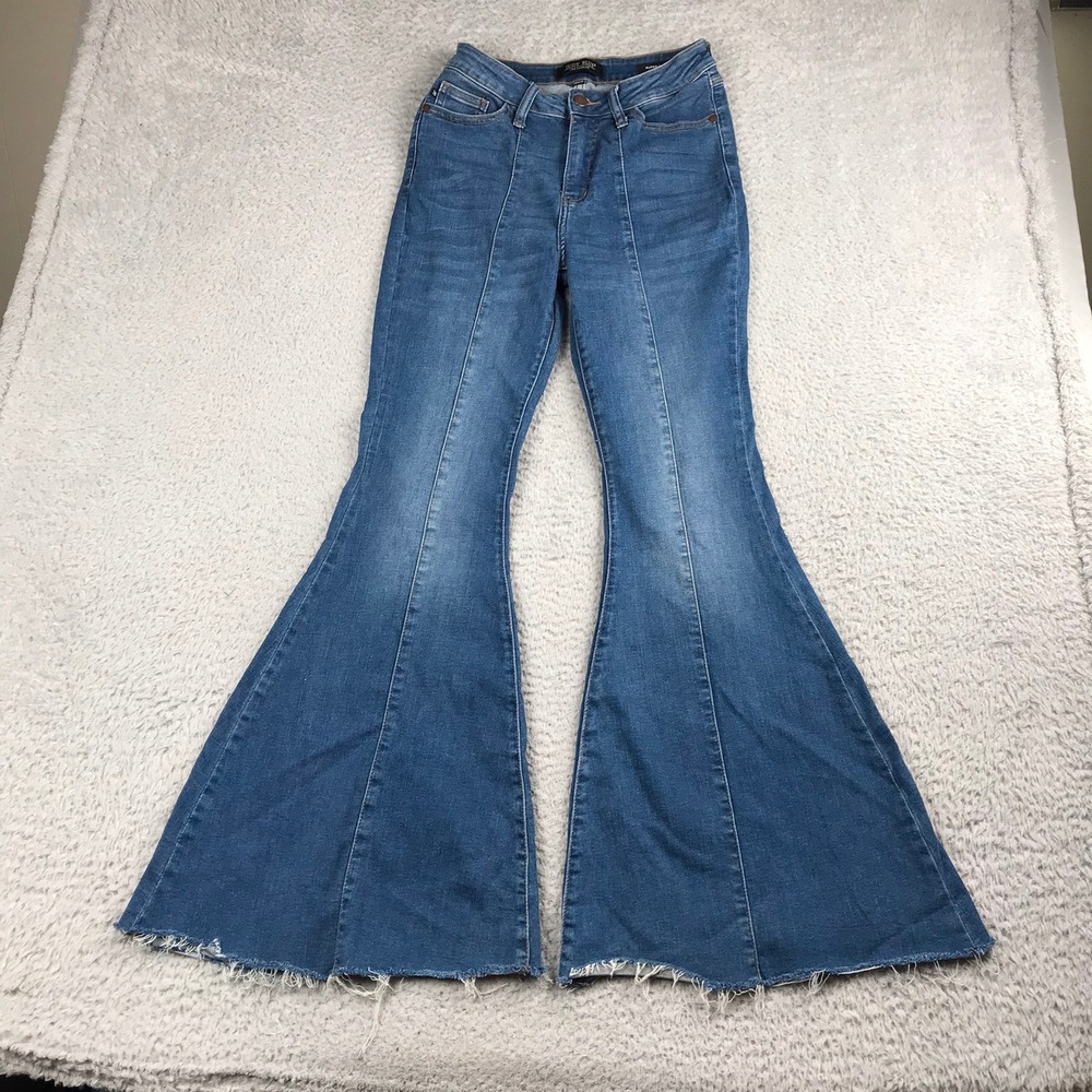 Judy Blue Super Flare Jeans‎ Women 3/26 (27x30) High Rise Seam Front Raw Hem